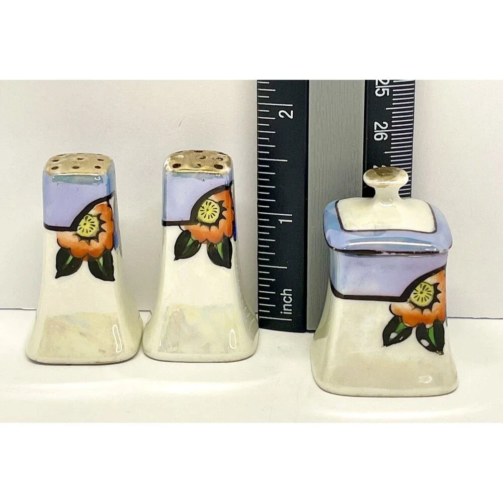Mini Vintage Noritake Japan Luster Condiment Set Salt Pepper Mustard on Tray
